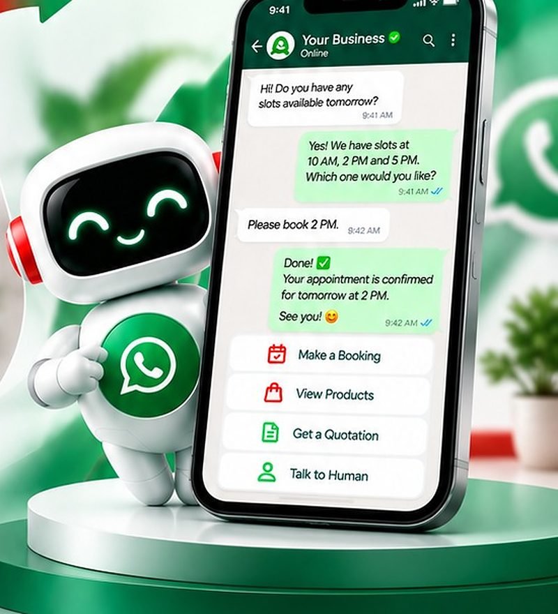 Agent7 robot with a phone showing a confirmed appointment