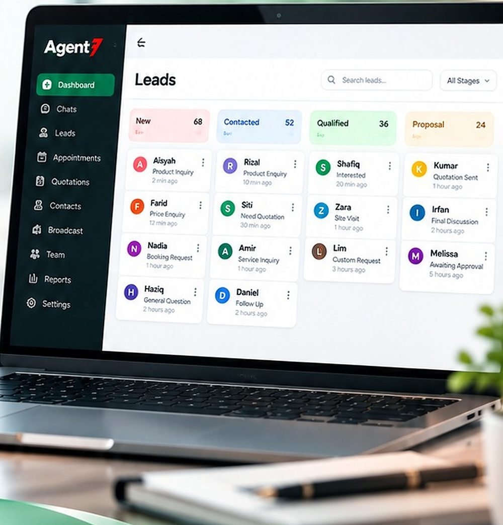 Agent7 leads dashboard on a laptop