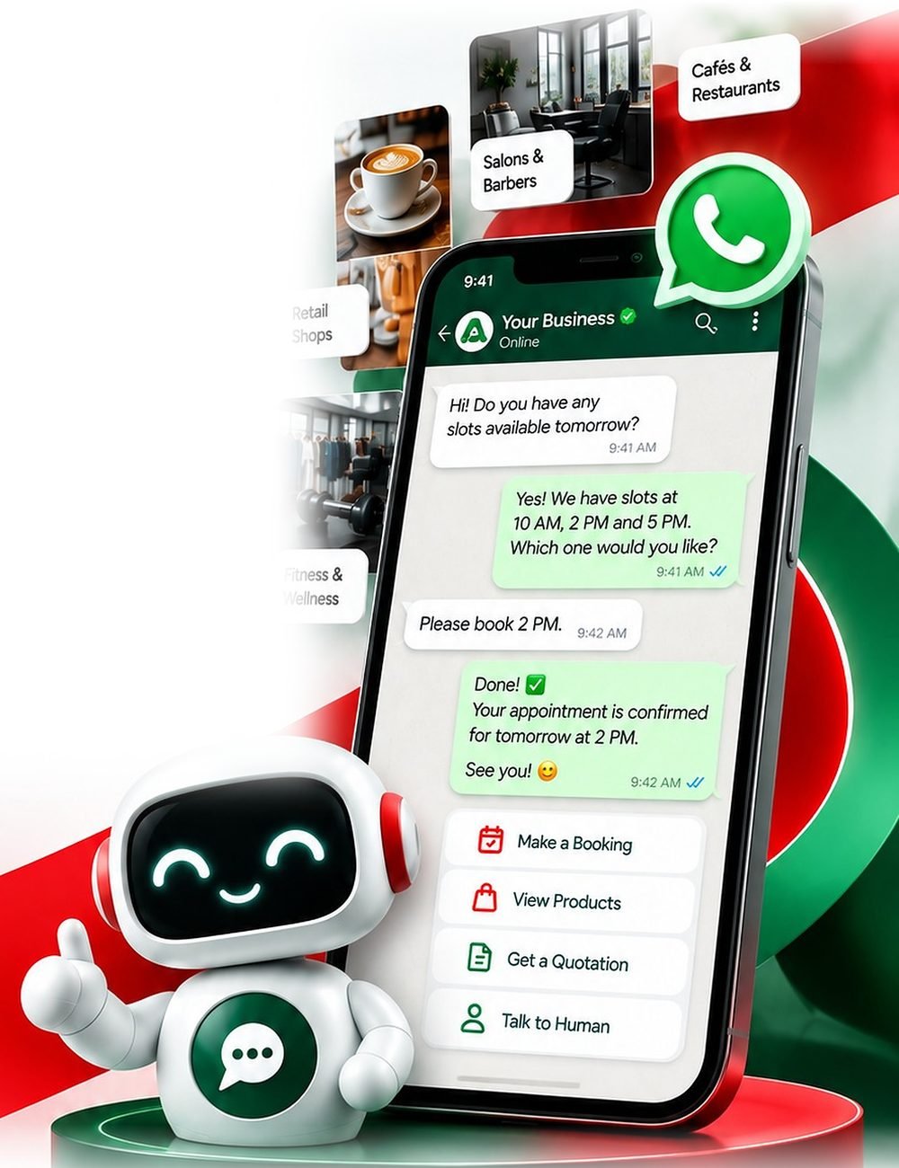 Agent7 robot next to a phone showing an automated WhatsApp booking conversation